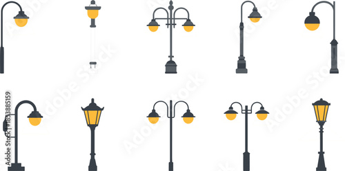 Assortment Of Vintage And Modern Street Lamp Designs In Flat Style Keywords: street lamp, lamppost, light, lighting, outdoor