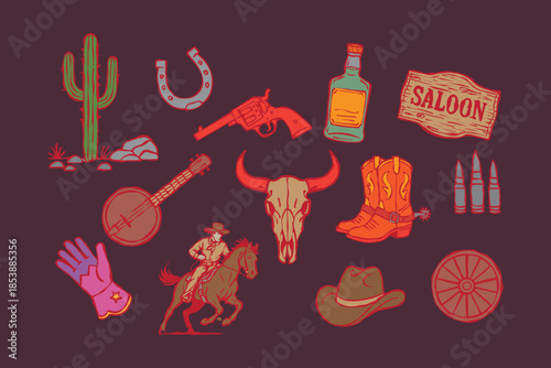 Vintage western cowboy sticker print hand drawn doodle style vector illustration set for bar signage, rodeo events, or retro-themed projects
