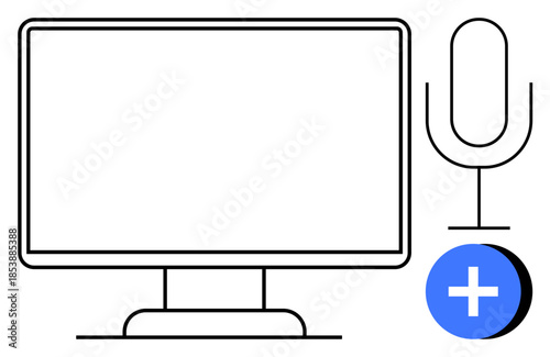 Digital communication. Computer monitor and microphone symbols conveying media creation and interaction. Digital tools enhancing communication and technology. For podcasts, remote work, media