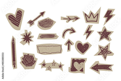 Set of cut out scrapbook doodle elements collection. Vector sticker print hand drawn crayon pen children marker scratch, arrows, heart, stars and scribbles. torn craft paper shapes design illustration