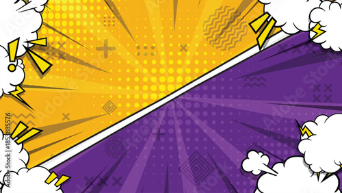 Pop Art Comic Style Vector Background with Yellow and Purple Split Screen for Versus Battle Concept