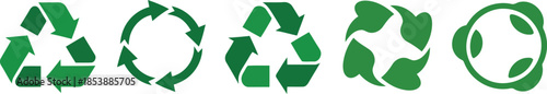 A horizontal row displays five distinct green recycling symbols illustrating environmental conservation efforts