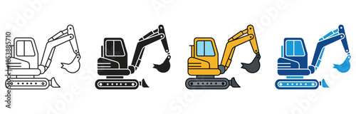 Mini excavator icon set. Mini excavator, commercial vehicles, construction equipment. Small construction excavator , Vector illustration.