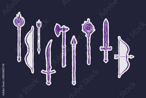 Vintage RPG weapon hand drawn sticker print set, vector fantasy game sword collection, Magic sorcerer staff, warrior dagger, medieval bow, arrow, character equipment design