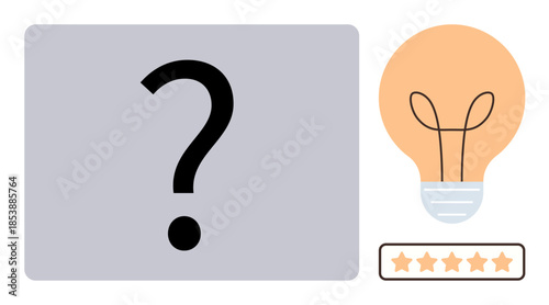 Large question mark and illuminated light bulb with bottom mask detail next to rating stars. Ideal for innovation, problem solving, decision making, feedback, creativity, brainstorming, simple flat