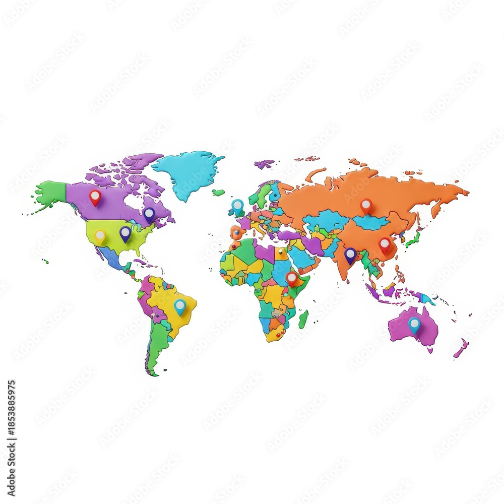 Obraz premium A colorful world map with various countries highlighted in different colors and marked with pins from a top-down viewpoint.