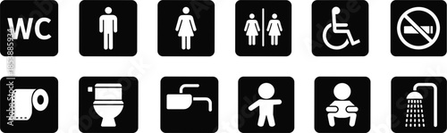 Black And White Icons For Public Restroom Facilities And Amenities Keywords: wc, toilet, men, women, unisex, disabled, wheelchair