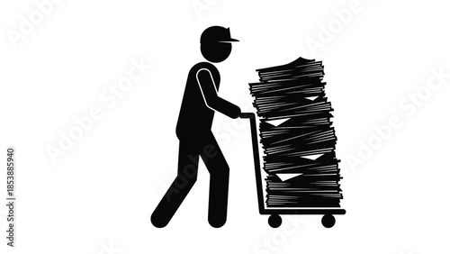 Employee pushing excessive paperwork stack showing office workload stress silhouette