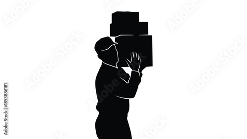 Overloaded worker carrying stacked boxes under heavy workload pressure silhouette