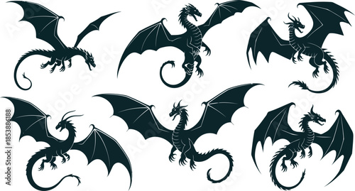 A magnificent collection of six powerful flying dragon silhouettes in various dynamic poses against white