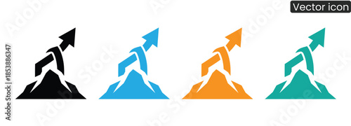 Vibrant mountain icons symbolizing success and growth with arrows