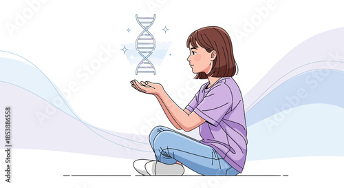 Illustration of a young woman presenting a floating digital dna helix with background shapes