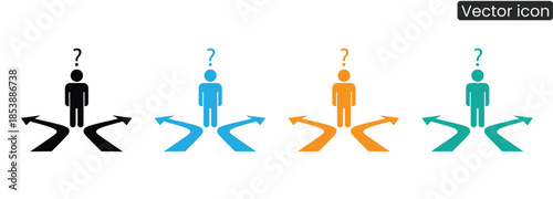 Four people icons in different colors stand at crossroads with question marks, symbolizing choices and uncertainty in a modern, abstract design