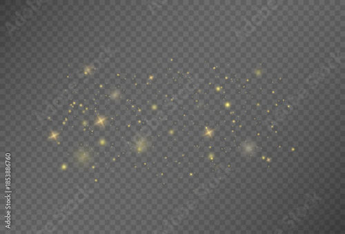 Golden star and dust particles of various sizes and transparency scattered on a dark checkered background. Elegant shiny abstract texture.