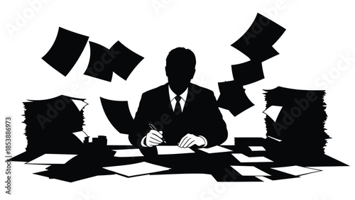 Silhouette of overwhelmed businessman signing important documents surrounded by flying and stacked paperwork