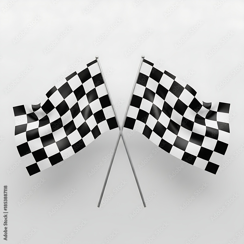 Fototapeta premium Crossed checkered racing flags featuring a classic black and white pattern set against a stark white empty background