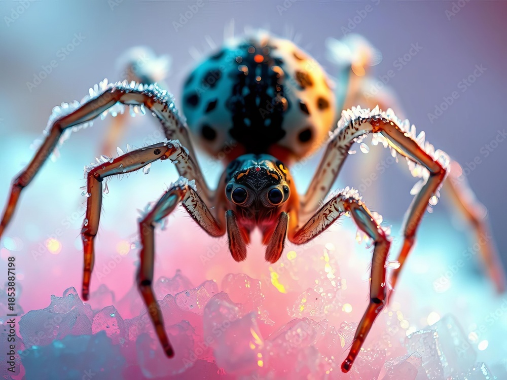 Fototapeta premium Whispers of frost on a spider's silken throne, a crystalline wonderland in pastel hues, art, ephemeral