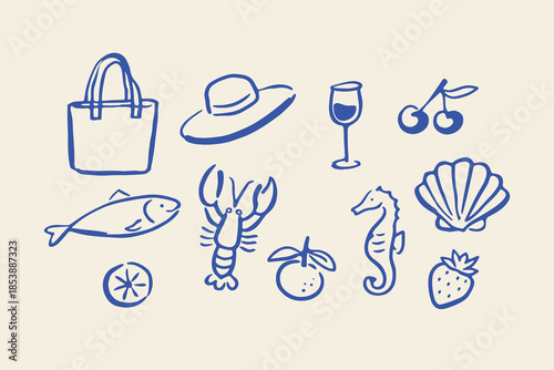 Summer beach naive icons doodle vector illustration
