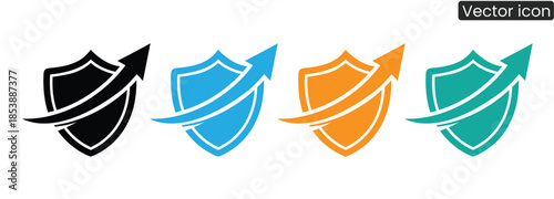 Vibrant shield icons with arrows symbolizing security and growth in various colors