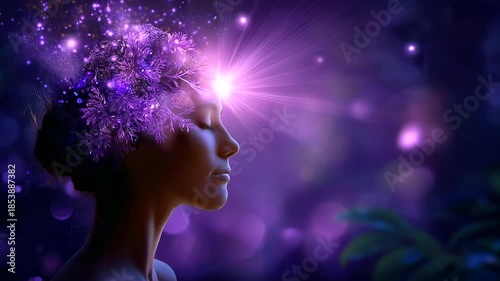 Faceless female silhouette receiving a stream of purple light entering the crown of the head, pineal gland activation symbolism, soft defocused nature background, with copy space