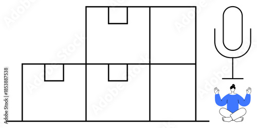 Storage solutions, audio recording, mindfulness, workspace setup, organization, and meditation. Stacked boxes, a microphone and a meditating person. Storage solutions and audio recording concept