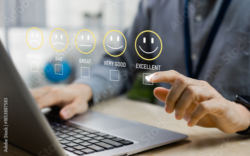 Businessman review rating service experience on online application, showing customer review, satisfaction feedback, and service quality evaluation for business reputation ranking.