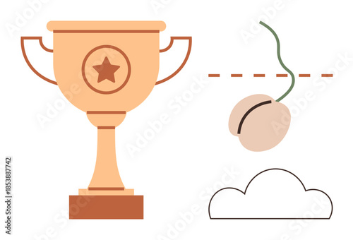 Trophy with star, sprouting seed, dashed line, and simple cloud. Ideal for growth, achievement, success, inspiration goals nurturing motivation. Clean minimal flat metaphor