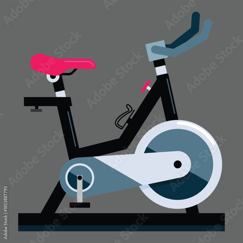Exercise Bike Clipart – Stationary Indoor Cycle with Red Seat, Blue Handlebars, and Flywheel Design