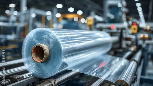 Large roll of clear plastic film sits on an industrial machine in a clean manufacturing environment illuminated by bright factory lighting.