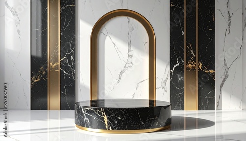 Elegant Product Presentation Stage with Sleek Black Marble Pedestal and Gold Trim, Set Against a Contemporary White and Gold Marble Backdrop for Premium Displays