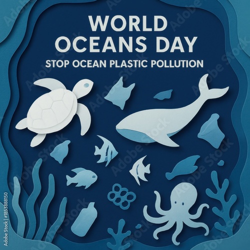 World Oceans Day banner with marine life and plastic pollution awareness campaign