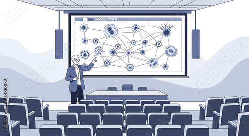 Lecturer explains immune system complexity using projection screen in auditorium setting