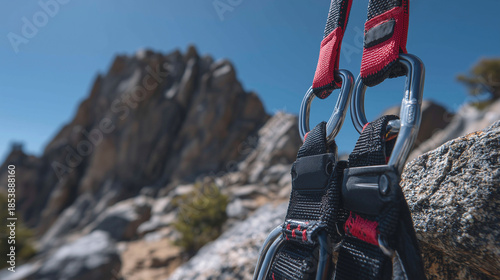 Close-up of harness gear loops loaded with carabiners and belay devices, scratches and wear telling a story of use, blurred outdoor climbing environment, rock climbing safety equip