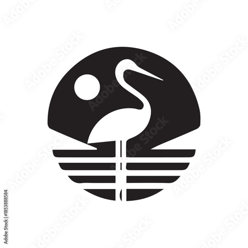 Minimalist heron bird standing in water with sun in circular frame