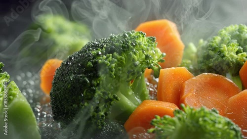 Steaming Veggies: Close-up of broccoli and carrot being cooked and the hot steam rising, representing healthy eating and fresh produce.