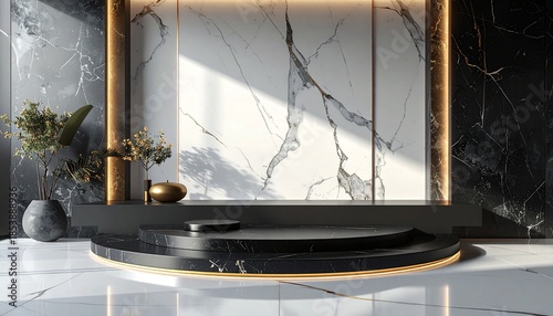 Luxurious modern interior design showcasing a sleek black and white marble podium. Elegant space with dramatic lighting and gold accents, perfect for premium product display