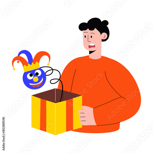 Flat style illustration showing a person opening surprise box