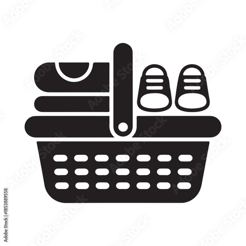 A simple picnic basket illustration featuring food and clothing items