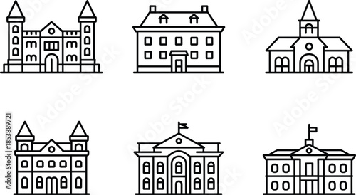 Collection of outline icons representing different types of buildings and institutions Keywords: building, institution