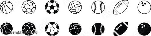 Collection Of Sports Balls Icons In Outline And Silhouette Styles Keywords: basketball, soccer ball, volleyball, baseball