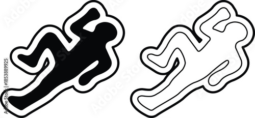 Set of dead body icons, collection of crime scene human silhouettes, group of flat line vector symbols, add corpse, victim, murder, death, forensic illustration, black icon