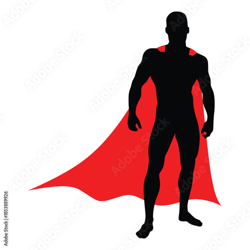 Superhero Silhouette Clipart – Muscular Figure with Red Cape in Power Pose on Yellow Background
