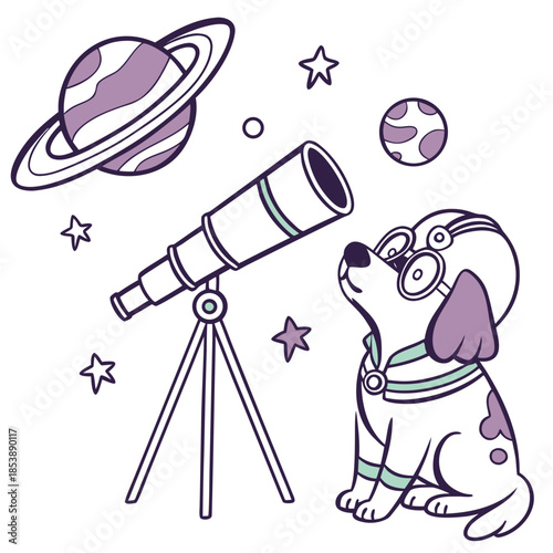 Vector illustration of a Curious American Water Spaniel with wearing glasses, styled in a Galaxy Dreams theme using Starlight Mix colors