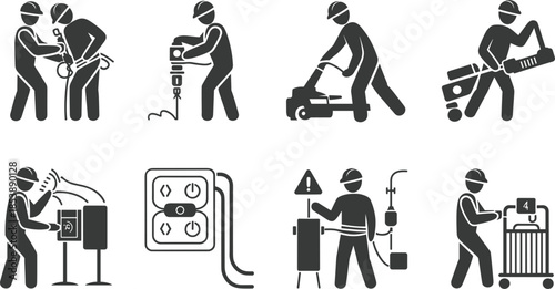 Construction workers and tools icon set on white background Keywords: construction, worker, man, person, people, building