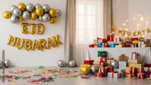 Festive eid mubarak celebration with golden balloons gifts and decorative elements for a joyous occasion