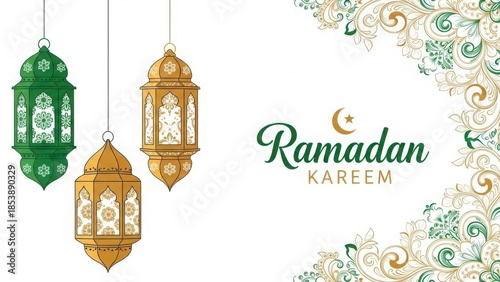 Elegant ramadan kareem illustration with ornate lanterns and islamic decorative floral elements