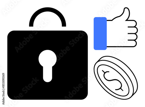 Security concept. a lock, thumbs up, and money symbol financial safety, security assurance, and reliability. For fintech, online banking, approval process business trust and data safety