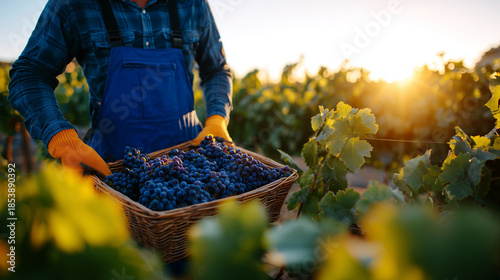 Close-up of vineyard workerâs gloved hands holding pruning shears and a basket of grapes, sunlit vines stretching into the distance, rural harvest and wine industry foundation visu