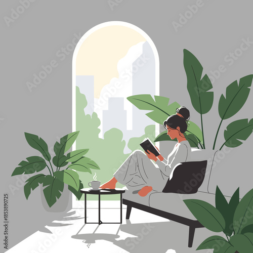Woman reading a book on a chaise lounge surrounded by plants.
