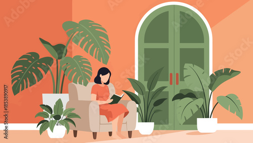 Woman reading a book while sitting in a comfortable armchair surrounded by lush green plants.